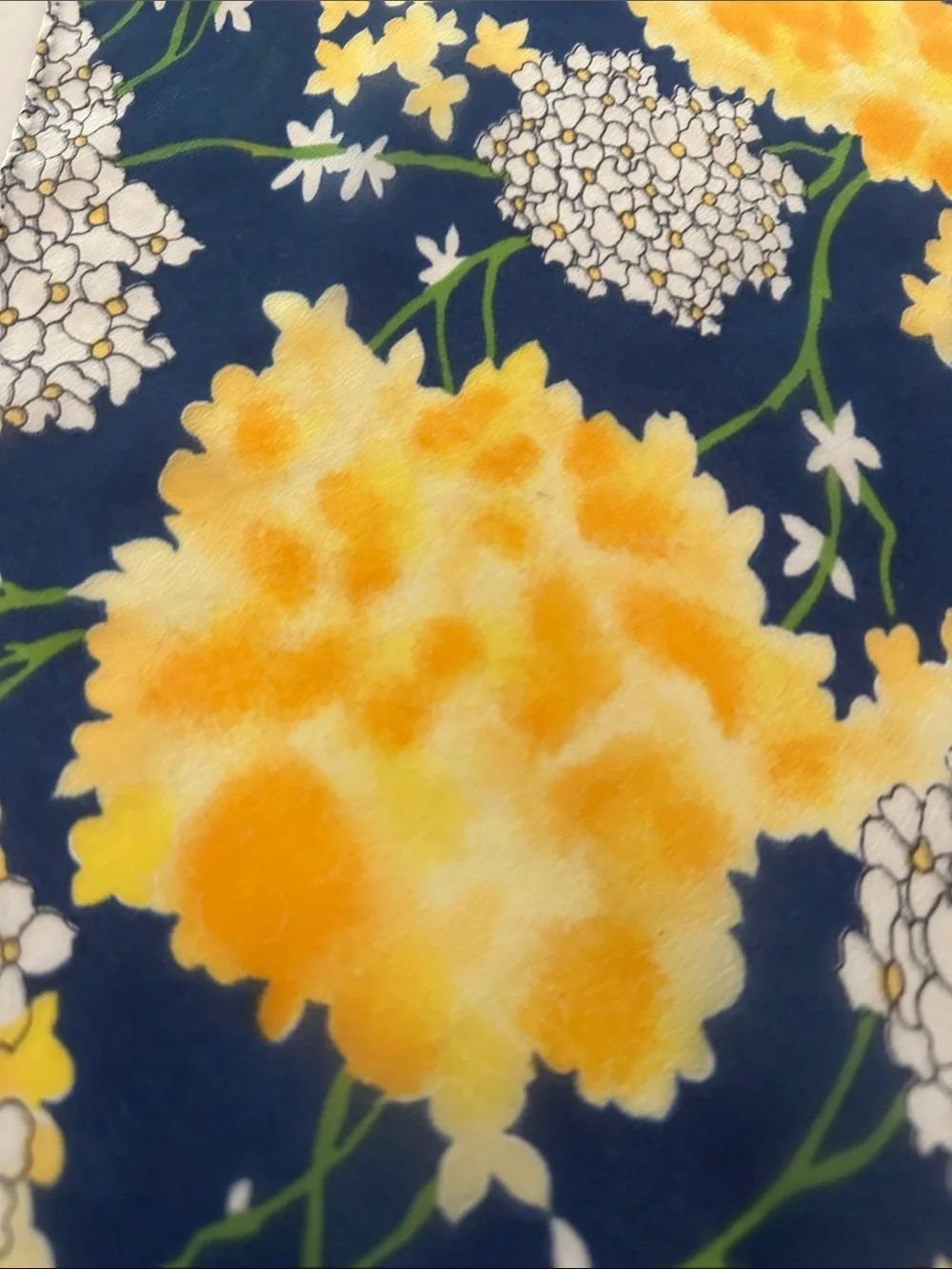 Navy Floral Chiffon Scarf with Yellow & White Blooms